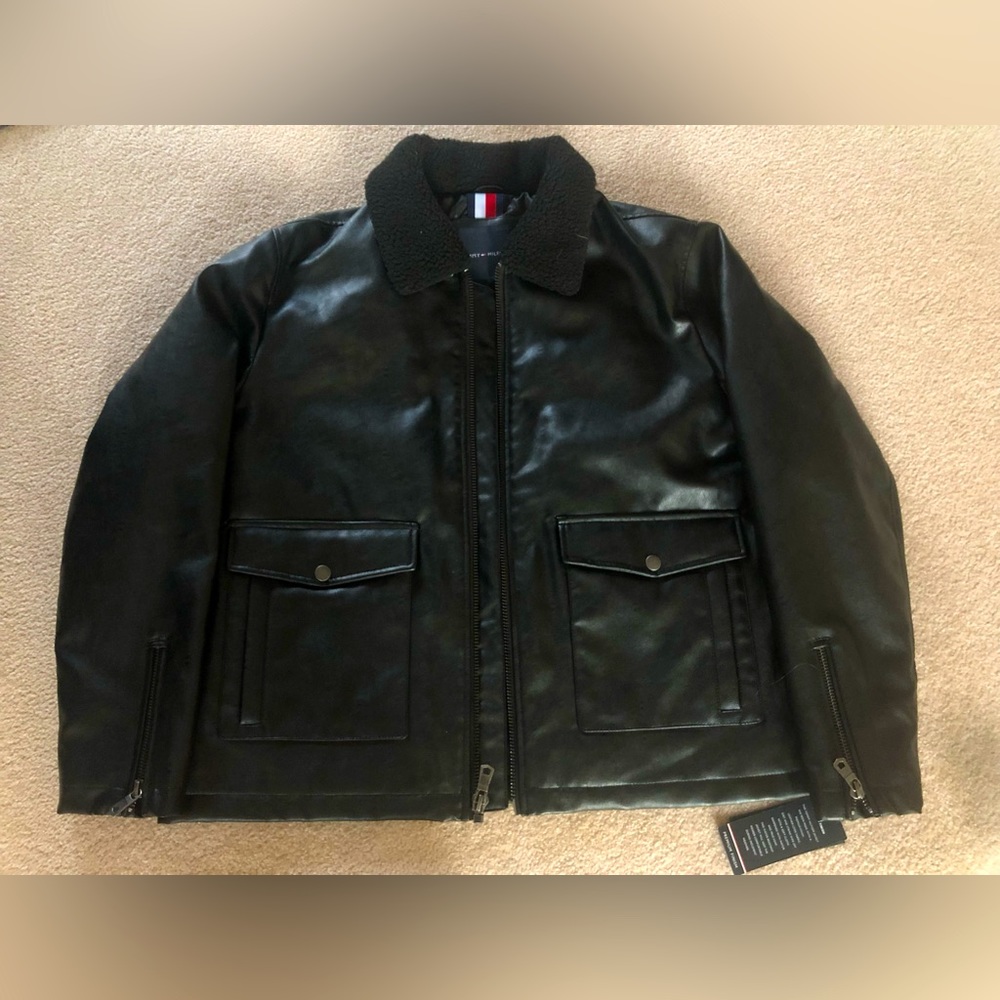 Tommy Hilfiger Faux Leather Jacket Lined Full Zip Coat Black Sz XXL